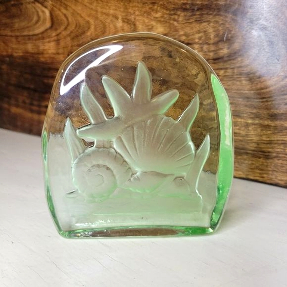 Under the Sea Paperweight Crystal Green Glass Etched Art